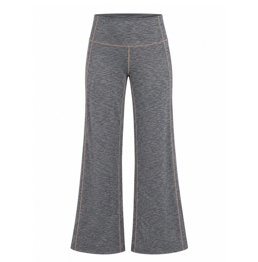Athleta Ladies gray heathered yoga pants, flare, brown contrast stitch, Size M